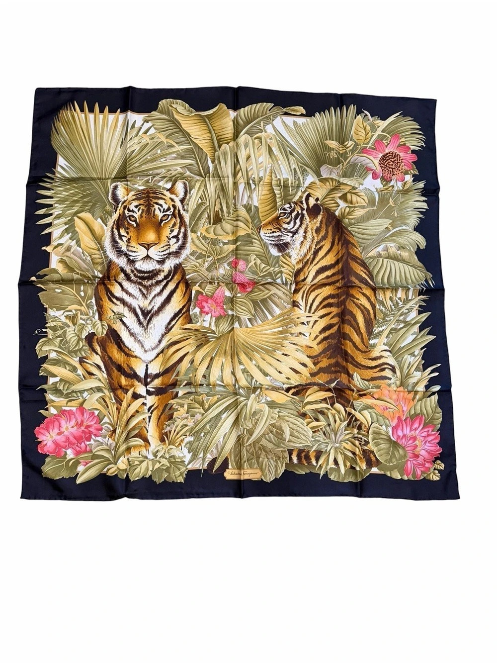 Salvatore Ferragamo Tropical Jungle Tiger Silk Scarf Black & Green